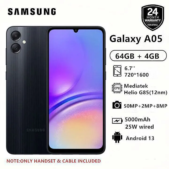 Samsung Galaxy A05 64GB+4GB 50MP Camera 6.7" 90Hz MTK Helio G85 (12nm) 5000mAh 25W Type-C Charge Android 13 Smart Phones phone